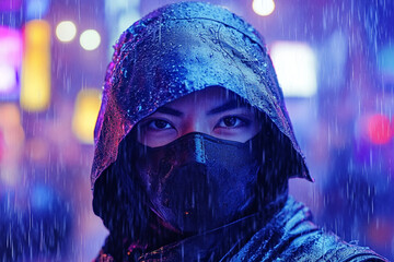 Modern cosmonaut wearing futuristic helmet with neon lighting in sci fi environment, science fiction concept, generative ai