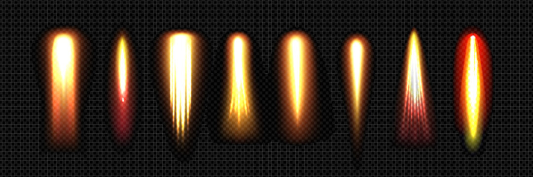 Fototapeta Rocket jet fire trails with golden flames and smoke for space launch effects. Bright exhaust streams or propulsion burst elements on transparent background. Speed boost visual assets collection.