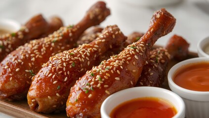Glazed Drumsticks with Sesame Seeds, Served on a Wooden Board with Sauces Nearby.