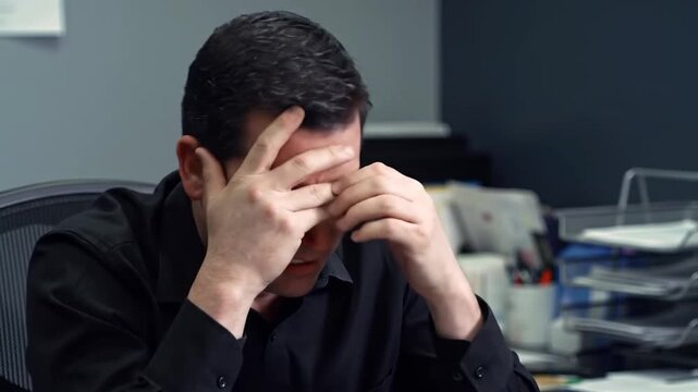 A distressed man in a dark shirt, sitting in an office, covering his face with his hand, crying