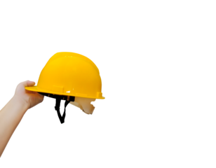 Engineer worker holding yellow hard hat in hand with space for text PNG transparent.