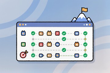 A vibrant visual representation of goal tracking with colorful icons and checkmarks on a digital interface