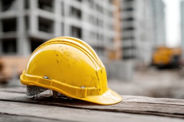 Protective yellow helmet on a blurred building construction site background. Close-up safety hard hat with partially built house. Planning and construction management. Engineers supervising. Labor Day