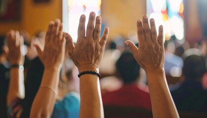 A group of worshippers raising their hands during a religious service to express their devotion and faith in a spiritual setting.