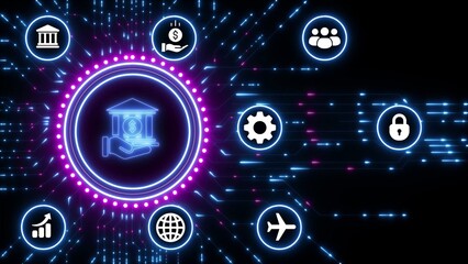 Digital network with bank icon at center and surrounding icons for finance and business technology