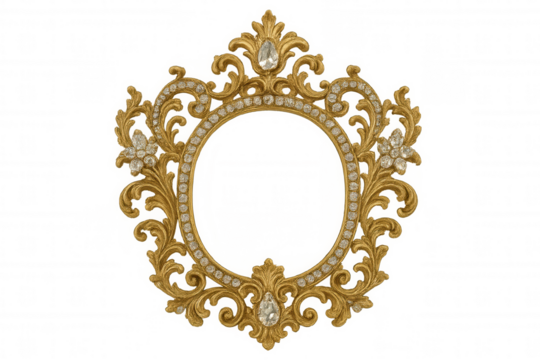 Ornate gold frame adorning clear diamonds, creating a luxurious baroque vintage border design on transparent background