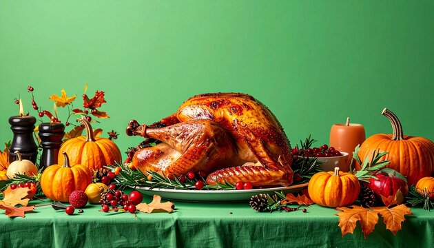 Festive Thanksgiving dinner featuring a golden roasted turkey as the centerpiece, adorned with autumn decorations like pumpkins and colorful leaves on a green tablecloth