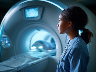 Young female doctor looking at computed tomography scanner in hospital. Medical equipment.