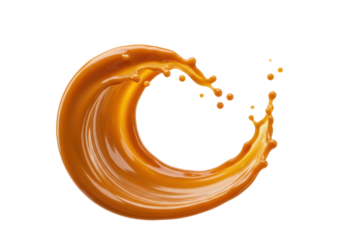 Isolated wave of caramel splash forming circle, liquid golden syrup flowing, sweet sauce ripple