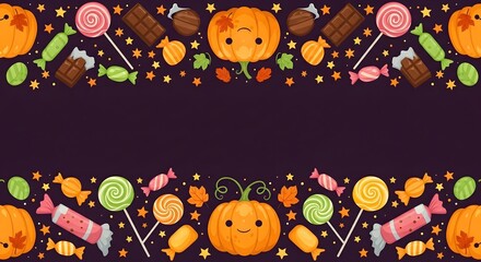 Halloween Candy Pumpkin Border Vector – Seamless Cute Sweets Frame on Dark Background