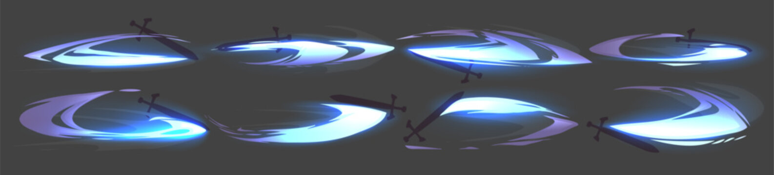 Effect set with futuristic attack slash animations in glowing blue and purple gradient colors. Dynamic motion trails from various angles on dark background for game combat visuals interface elements.