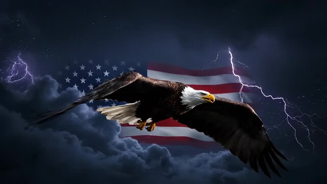 Soaring bald eagle over storm clouds. Lightning splits dark sky. Flag appears behind bird implying patriotic theme. Dramatic nature wildlife imagery conveys power. Suitable for symbolic design now.