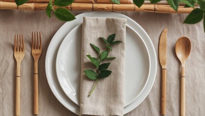 Simple Table Setting with Natural Elements and Clean Lines, Top View Composition.