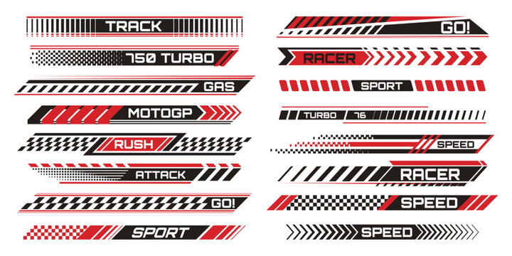 Racing stripe decals with motorcycle stickers for vehicle customization - dynamic patterns, checkered flags and bold graphics. Sport themed designs with arrows for automotive or bike decoration.