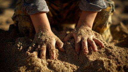 Child hands playing in sand