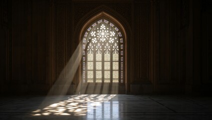 Obraz premium Sunlight Streaming Through Ornate Window, Creating Abstract Patterns on the Floor.