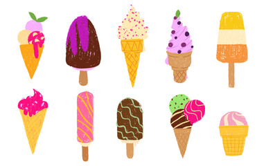 Hand drawn ice cream desserts with crayon texture - colorful cones, popsicles and frozen treats with sprinkles, fruit toppings and chocolate coating. Summer sweets collection for kids illustrations.