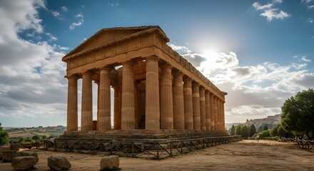 Ancient temple structure with large columns under a bright sky, historical site, sunny day