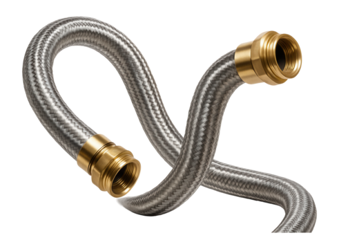 Durable metal hose with fire resistance, connecting a fireplace insert to a gas line.