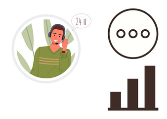 Man wearing headset in communication, speech bubble for 247 support with leaves in the background, chat icon, and bar chart. Ideal for customer support, communication, growth, teamwork, marketing