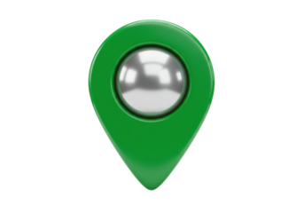 Isolated green map pointer with silver ball, GPS geotag marking spot, location pin, icon