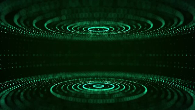 Futuristic green circular particle flow. Structure of network connections. Data compression technology. Big data visualization. 4D render animation.