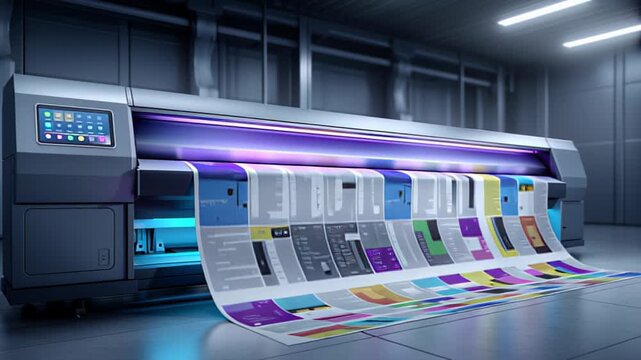 High-tech printing machine in action, showcasing vibrant colors emerging from the printer, with a dynamic camera pan highlighting the printing process and machine features