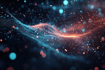 Blue and orange glowing particles forming abstract wave on dark background image
