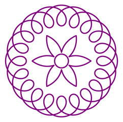 Ornate flower loop mandala, geometric layered purple abstract circular pattern with swirling outline symmetry, spiritual harmonious line art for decor, meditation, coloring, tattoo, and invitation 