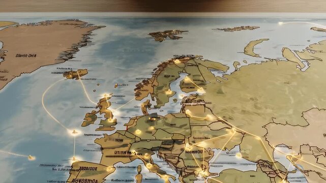 A stylized world map with illuminated lines connecting various global locations