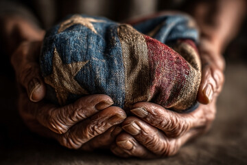 Hands of time holding fabric with stars and stripes, conveying heritage