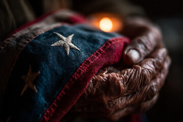 Worn American Flag in Veteran's Hands Reflecting Light of Remembrance