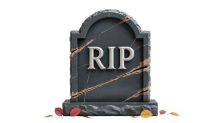 Cracked Black R.I.P. Gravestone with Leaves