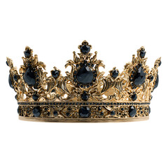 Ornate gold crown adorned with blue sapphires and diamonds isolated on transparent background