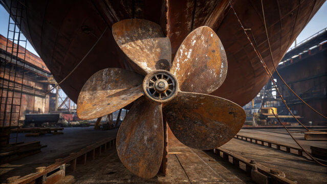 Ship launch ocean transport dry dock rusty propeller close up