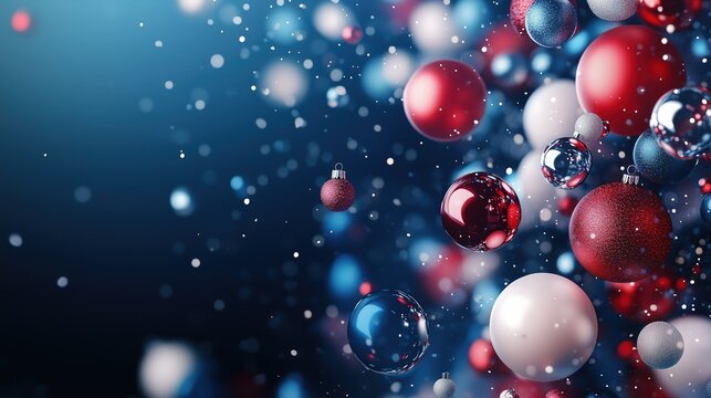 Abstract Christmas background with ornaments, blue red white silver color palette, flying particles bokeh dark blue