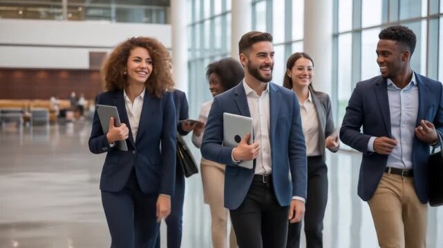 A diverse group of young professionals walking confidently through a modern glass office lobby, smiling and engaged in conversation