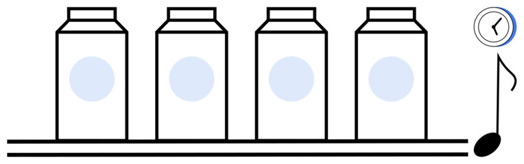 Milk cartons arranged in a row on a shelf, a clock symbolizing time, and a musical note depicting rhythm. Ideal for themes thumbs up planning, routine, time management, harmony, balance, order
