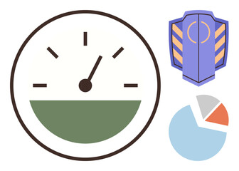 Gauge measuring progress over green indicator, shield representing security, pie chart tracking data. Ideal for analytics, cybersecurity, performance, data privacy, monitoring, statistics simple