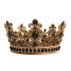 Ornate gold crown adorned with blue sapphires and diamonds isolated on transparent background