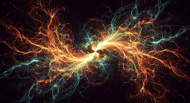 An abstract digital illustration of two opposing energy forces, with fiery orange and cool blue electrical currents colliding on a dark background