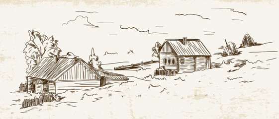 Hand-drawn landscape in vintage style with wooden houses on a hillside, an old fence and trees on a light background with texture.