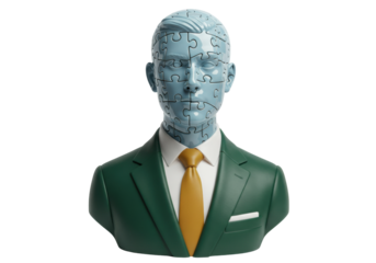Isolated bust of a man with a jigsaw puzzle head wearing a green suit and golden tie
