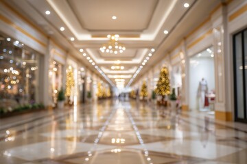 Fototapeta premium Defocused interior shopping mall. Motion blur customers walking in shopping mall. Blurred view of a modern shopping center. Boxing Day sale. Empty copy space, panorama. Indoor blurred bokeh background