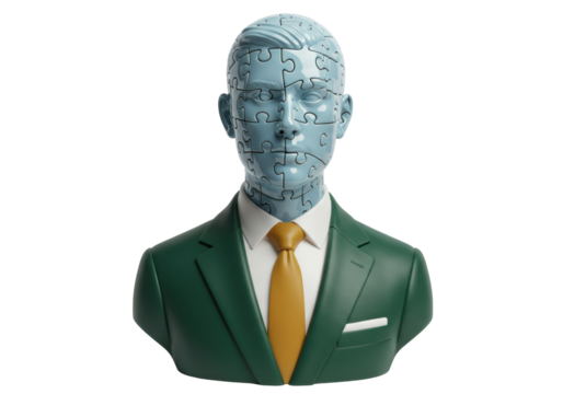 Isolated bust of a man with a jigsaw puzzle head wearing a green suit and golden tie