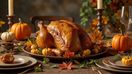 Thanksgiving Dinner Table with Roasted Turkey Pumpkins and Candles Festive Atmosphere