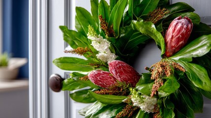 A lush protea wreath adorns a cottage door, echoing spring freshness and Southern Hemisphere's vibrant Christmas florals
