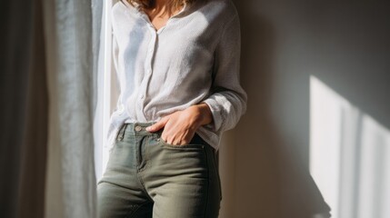 Fototapeta premium Sun-dappled contemplation, young Caucasian woman leans pensively, olive chinos echo Earth Day's serene whispers, unexpected equinox calm