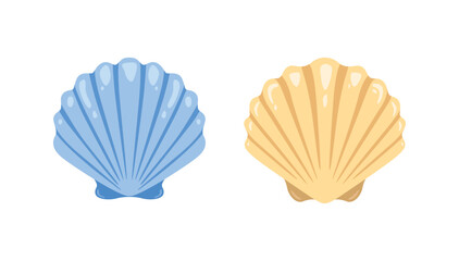Set of scallop seashell illustrations in blue and beige colors isolated on white background for marine decoration and tropical beach design projects
