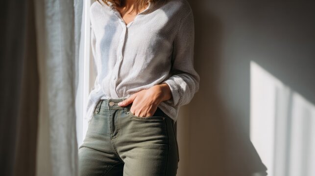 Sun-dappled contemplation, young Caucasian woman leans pensively, olive chinos echo Earth Day's serene whispers, unexpected equinox calm